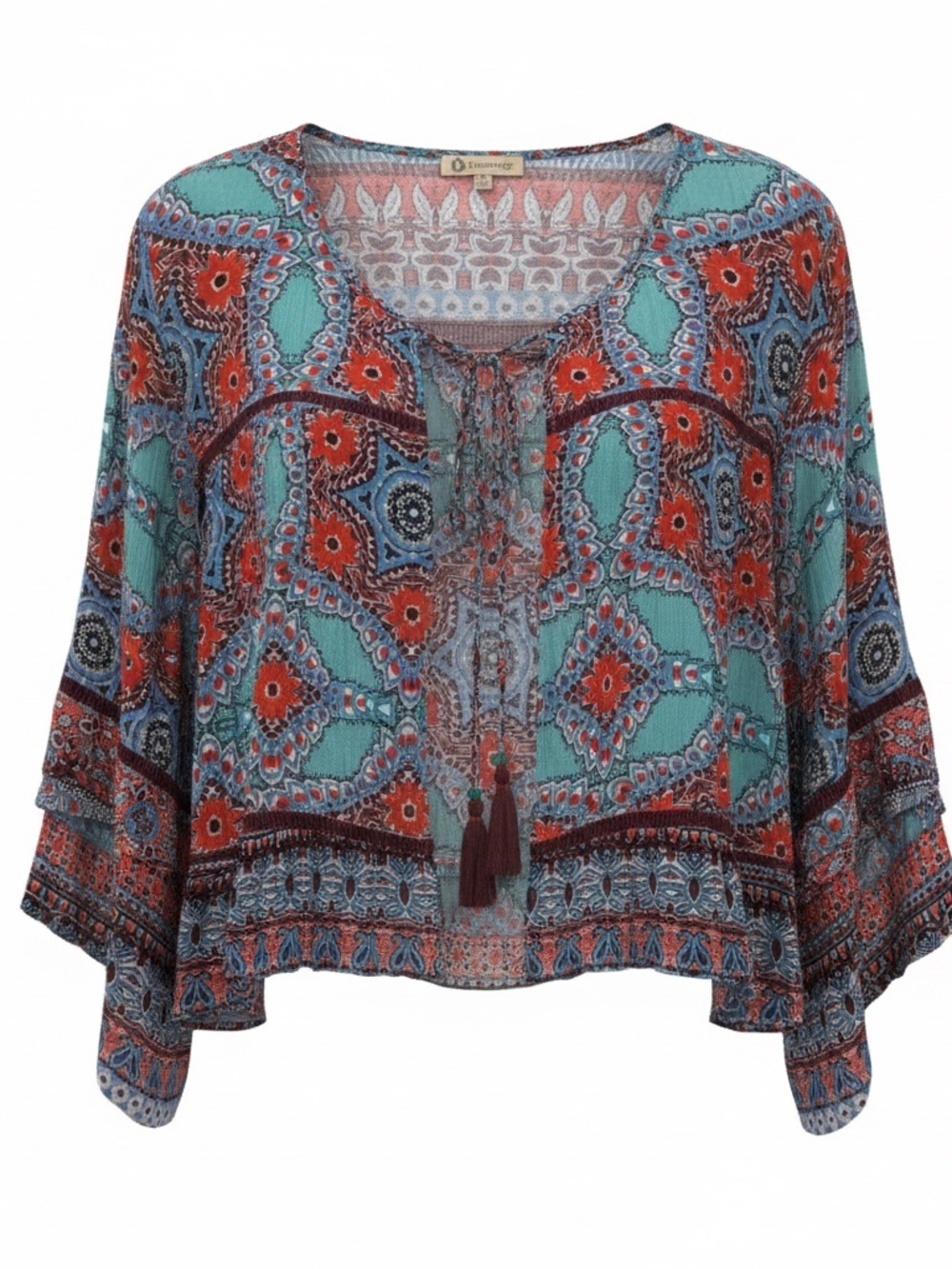 Democracy Womens Colorful Ruffle Sleeve & Hem BoHo Open Front Cardigan Top 1X.